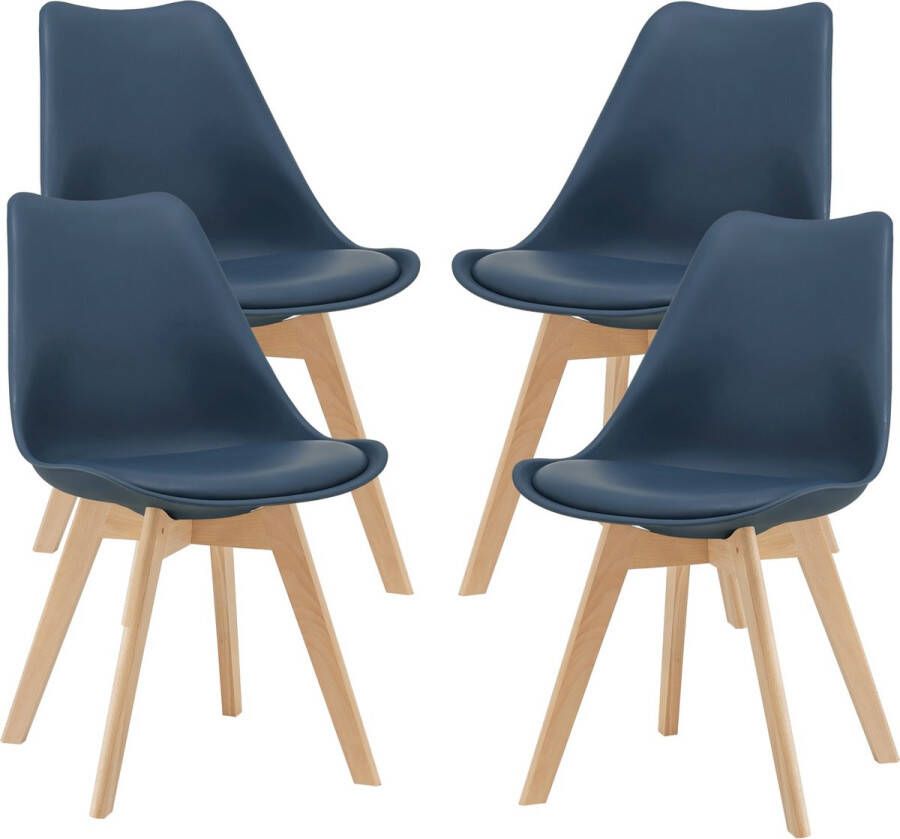 Unbranded Eetkamerstoel Livy Set van 4 Imitatieleer en Beuken Blauw Gestoffeerde zitting Modern design