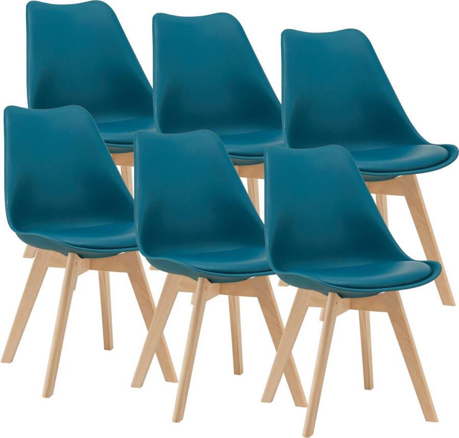 Unbranded Eetkamerstoel Quintin Set van 6 Imitatieleer en Beuken Turquoise Gestoffeerde Zitting Modern Design - Foto 2