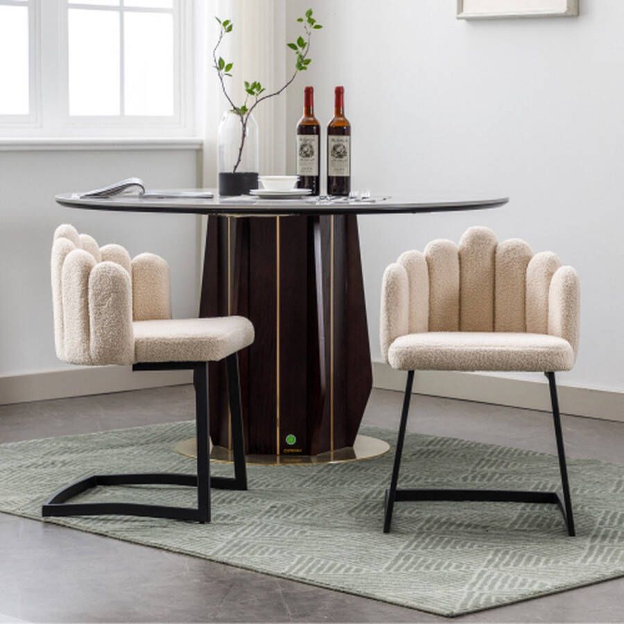 Unbranded Eetkamerstoel van lamsfluweel set van 2 Slaapkamer Woonkamerstoel Moderne vrijetijdsstoel I Frame Petal Chair Beige