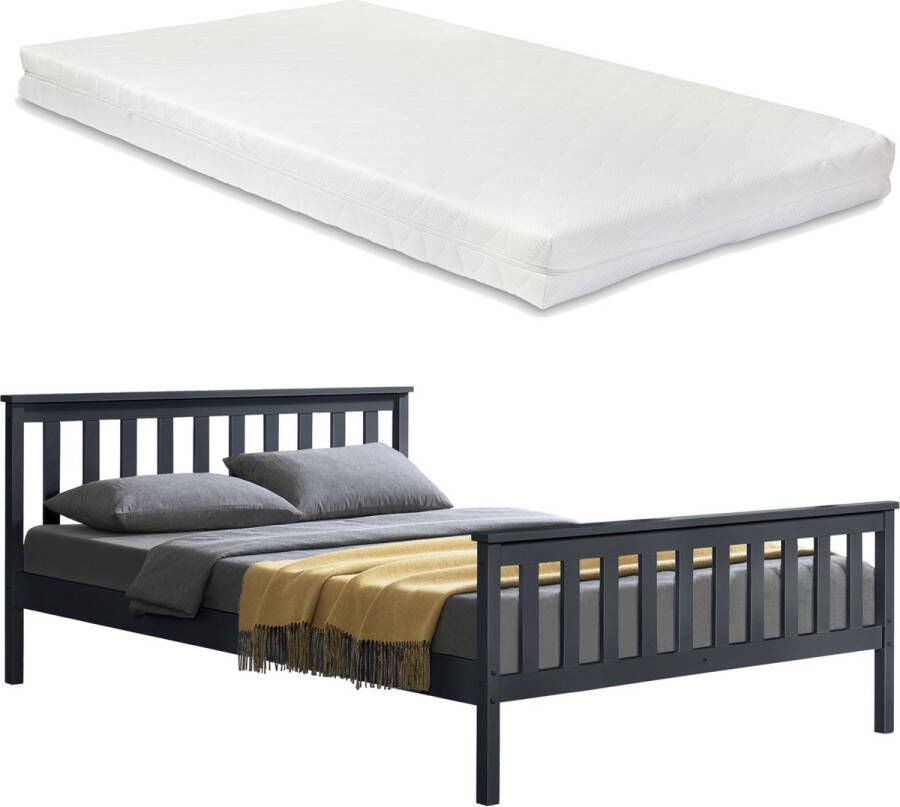 Unbranded Houten Bed Maxene Grenen Met Matras 180x200 cm Donkergrijs Klassiek Design