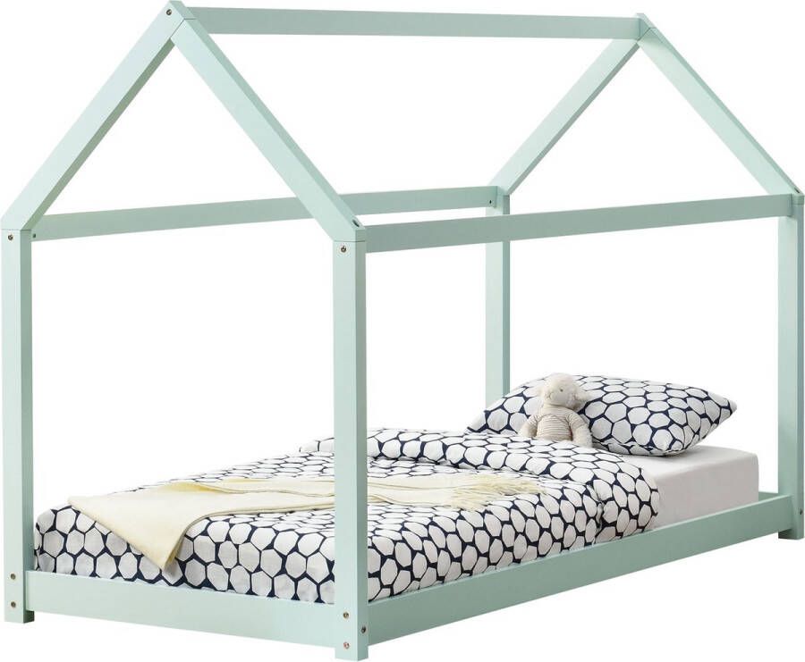 Unbranded Houten kinderbed Lisa Huisbed Met bedbodem 90x200cm Grenenhout Mintgroen Voor jongens Voor meisjes Voor kinderen