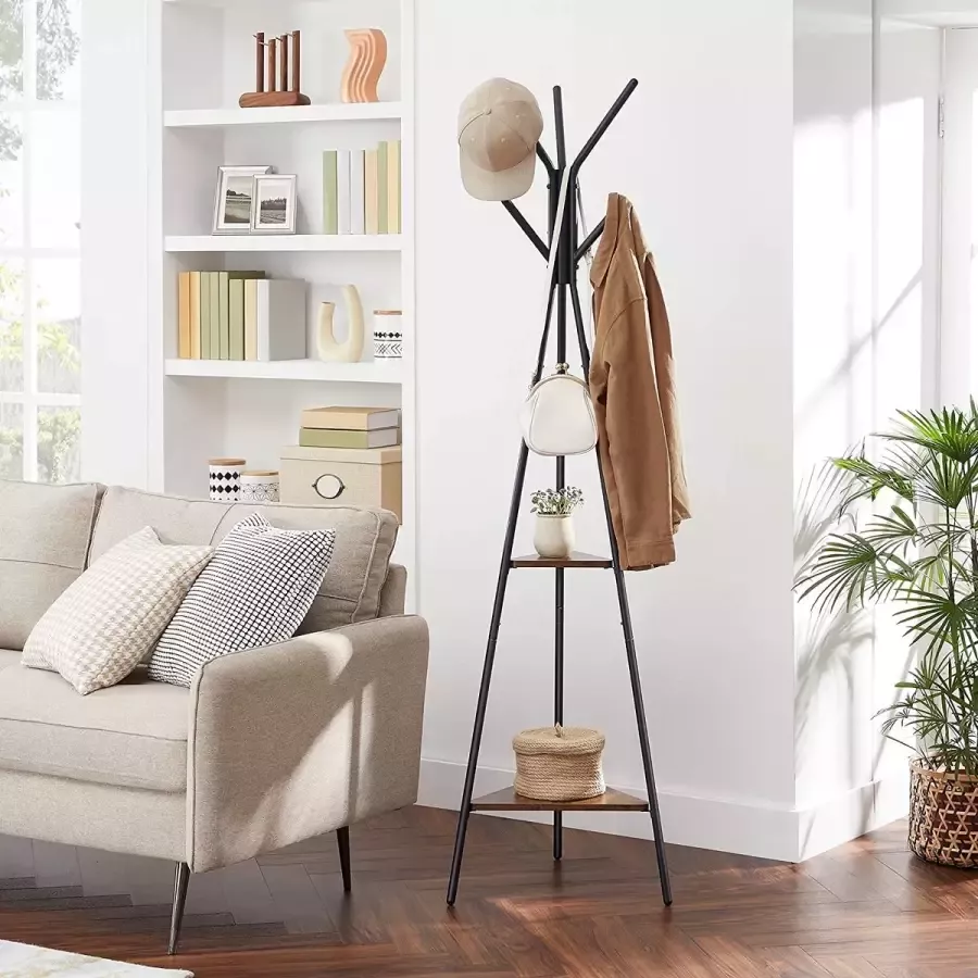 Berkatmarkt Kapstok in boomvorm kapstok vrijstaande kapstok industrieel ontwerp met 2 planken voor kleding hoeden tassen vintage bruin-zwart RCR16BXV1
