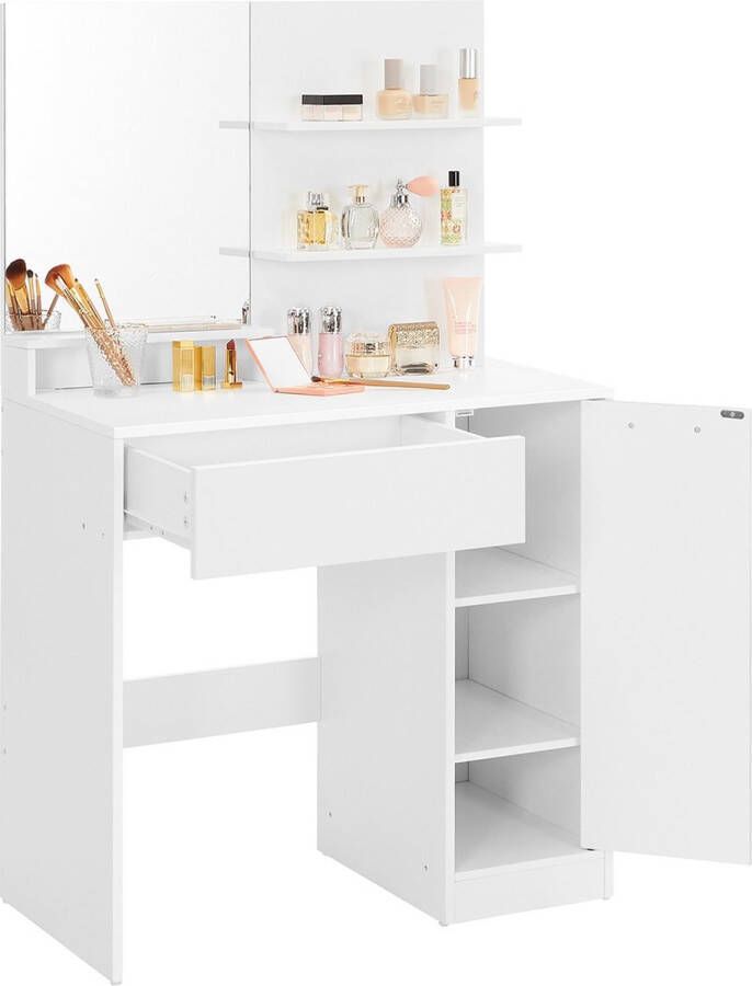 Inandoutdoormatch Kaptafel Tania Vanity Met Spiegel Opberglade 1 Lade 2 Planken Wit Vaderdag cadeau