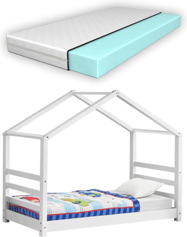 Unbranded Kinderbed Ali Grenen Huisbed Incl. Matras 80x160 cm Wit Voor meisjes Voor jongens Voor kinderen