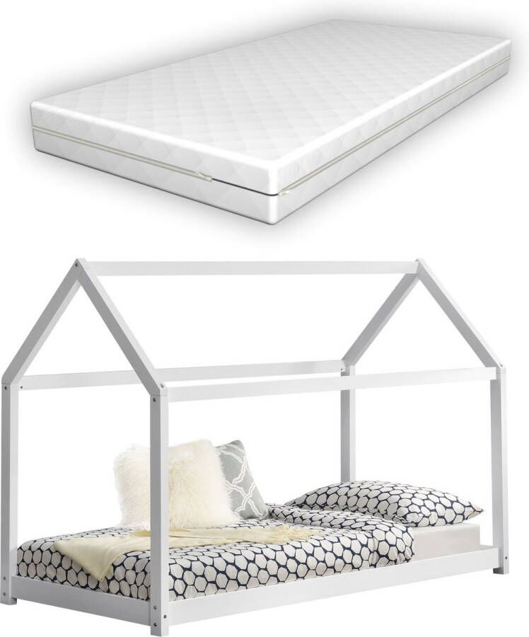 Unbranded Kinderbed Charisse Huisbed Met matras 80x160 cm Wit Grenen Voor meisjes Voor jongens - Foto 2