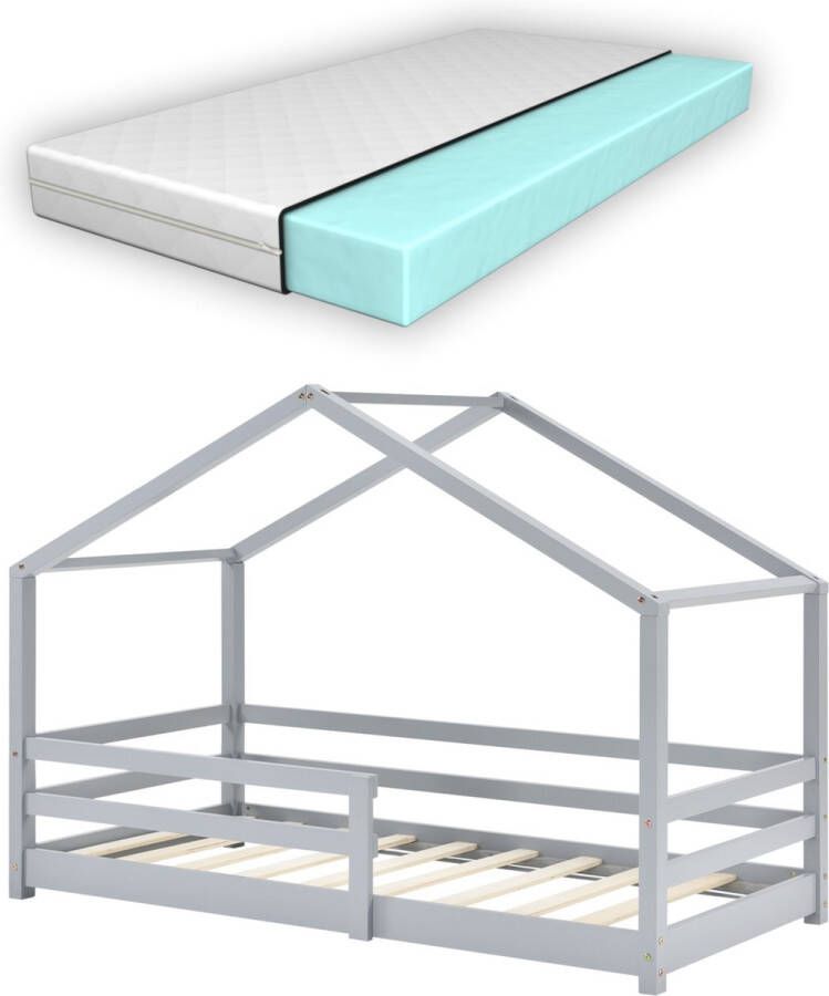 Unbranded Kinderbed Dixon Grenen Huisbed Met matras en valbescherming 80x160 cm Lichtgrijs Voor meisjes Voor jongens Voor kinderen