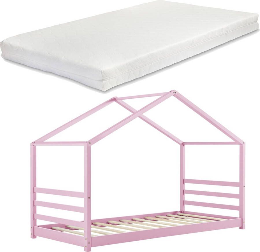 Unbranded Kinderbed Eulalia Grenen Huisbed Incl. Matras 90x200 cm Roze Voor meisjes Voor jongens - Foto 2