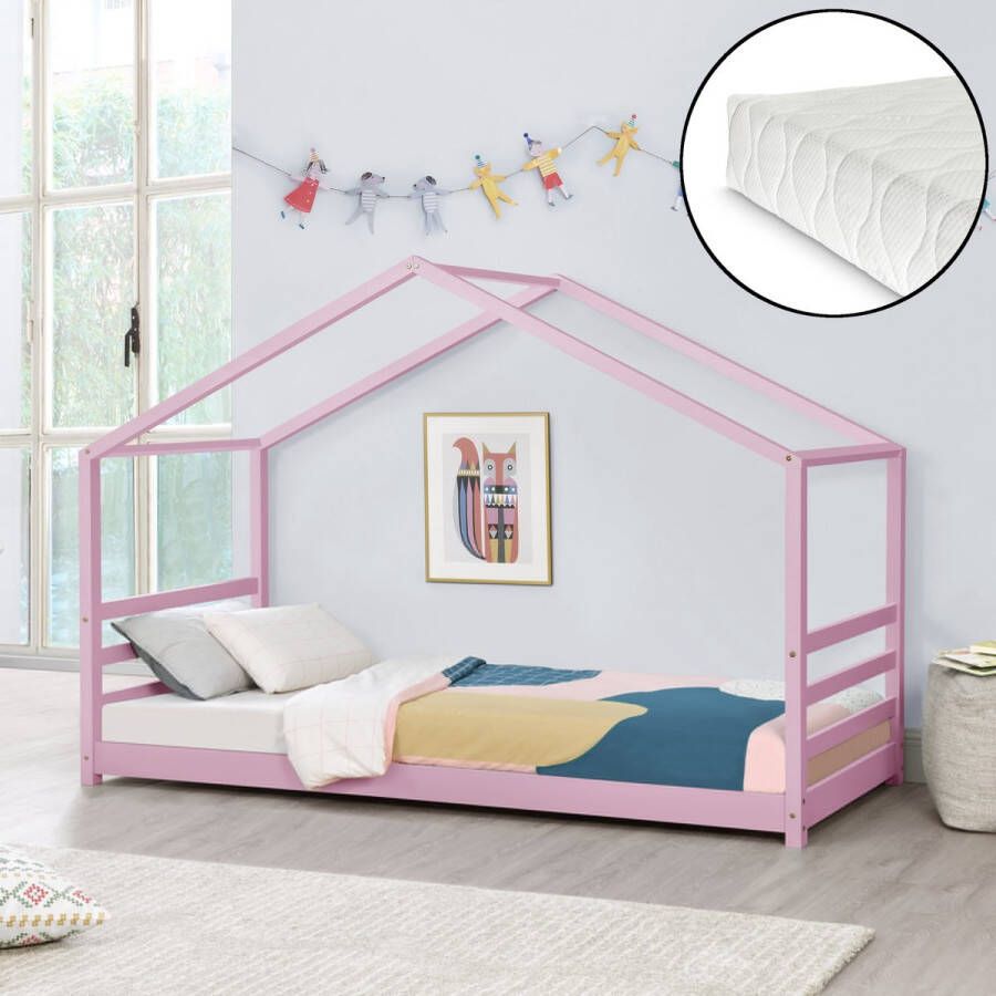 Unbranded Kinderbed Eulalia Grenen Huisbed Incl. Matras 90x200 cm Roze Voor meisjes Voor jongens