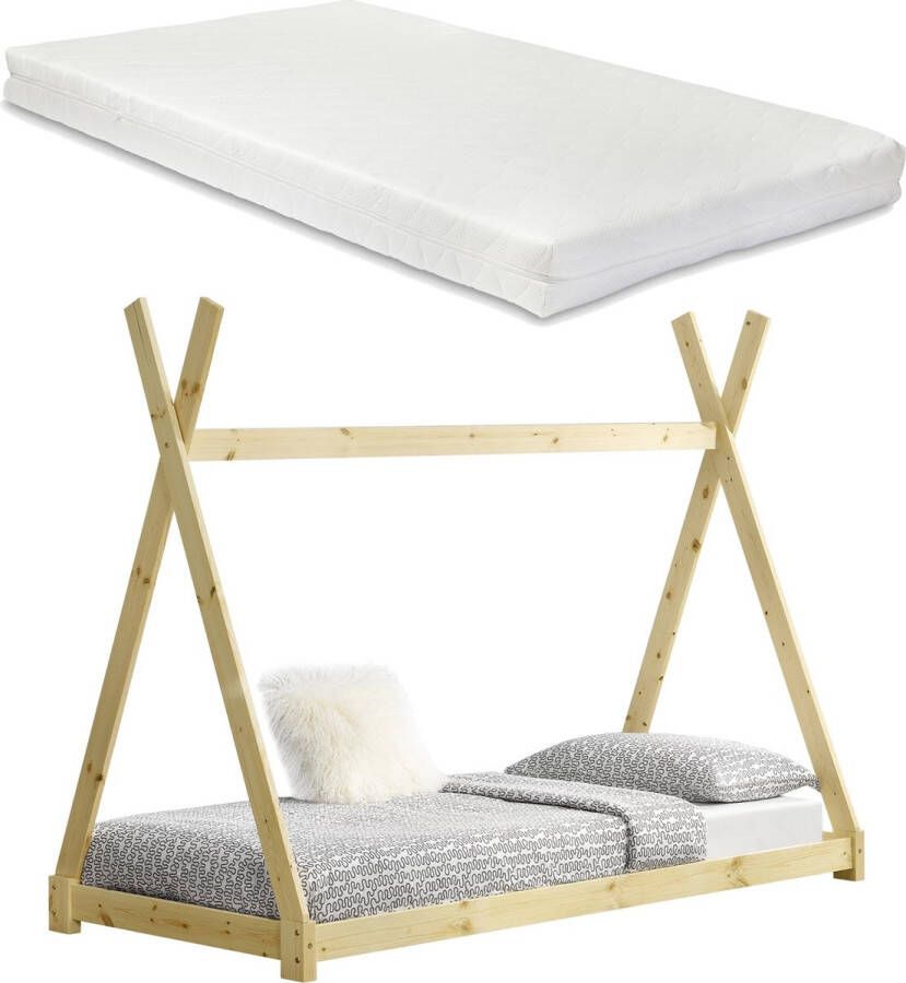 Unbranded Kinderbed Gareth Tipi Met bedbodem en matras 90x200cm Houtkleurig Jongensbed Meisjesbed Modern Design
