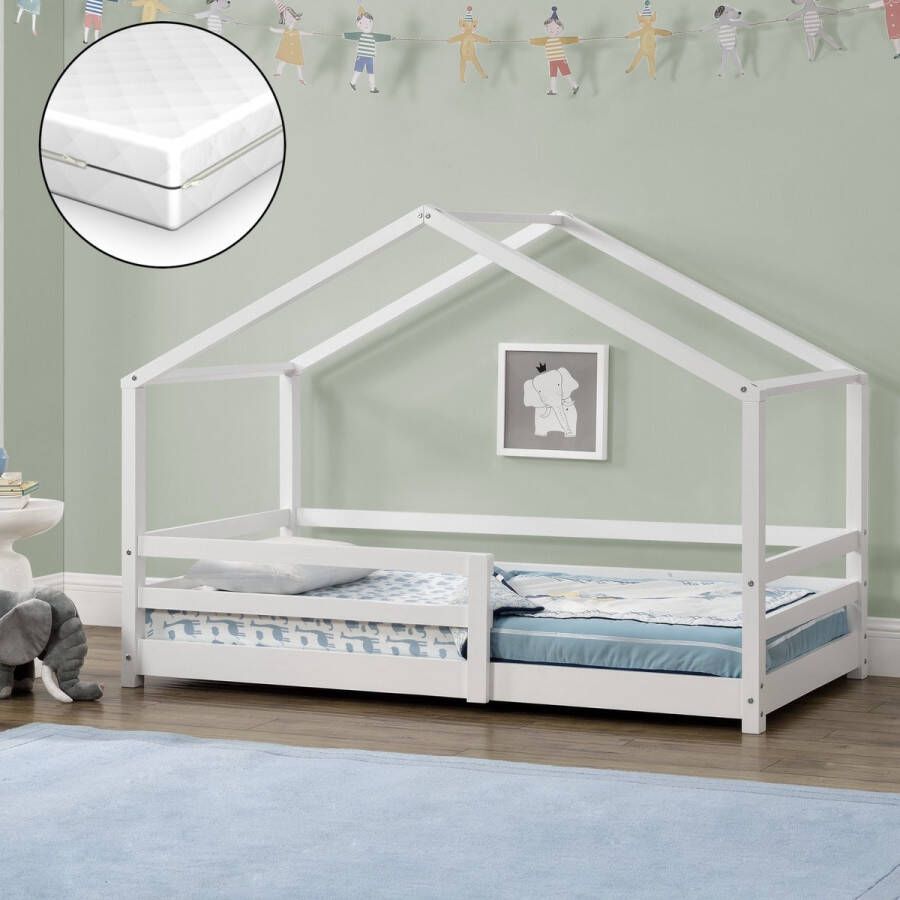 Unbranded Kinderbed Maxine Grenen Huisbed Met matras en valbescherming 80x160 cm Wit Voor meisjes Voor jongens Voor kinderen