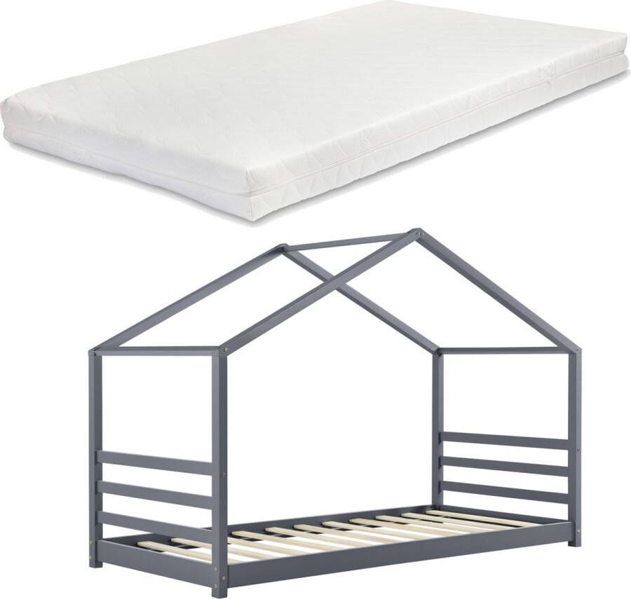 Unbranded Kinderbed Theodorus Grenen Huisbed Incl. Matras 90x200 cm Donkergrijs Voor meisjes Voor jongens