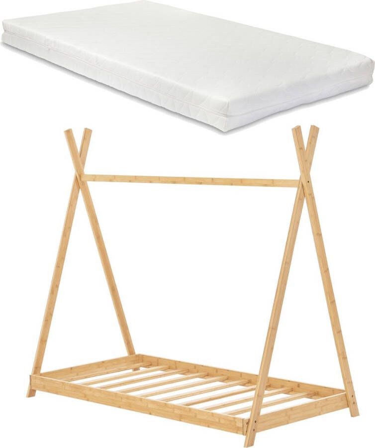 Unbranded Kinderbed Vin Tipi Bed Met Matras Bamboe 90x200 cm Houtkleurig Voor Jongens Voor Meisjes Eenvoudige Montage