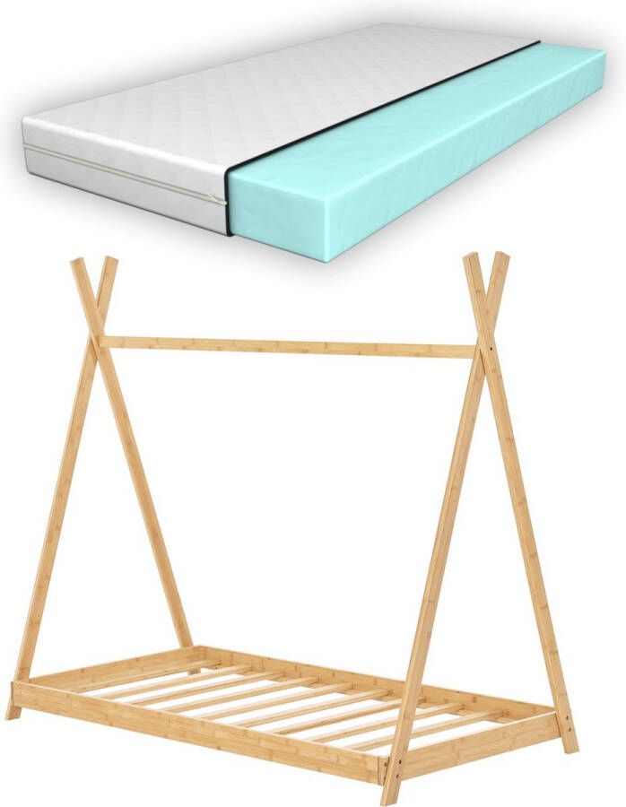 Inandoutdoormatch Kinderbed Vinny Tipi Bed Met Matras Bamboe 70x140 cm Houtkleurig Snelle Montage 200kg draagvermogen