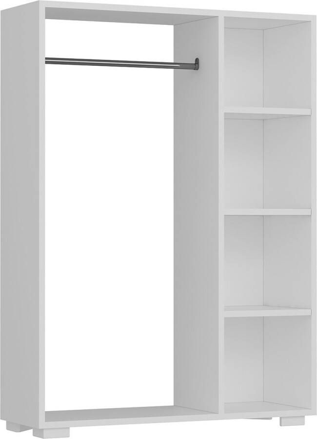 Inandoutdoormatch Kledingkast Malachi 123x90x30 cm Wit Spaanplaat en Kunststof 4 Open Vakken Met Kapstok