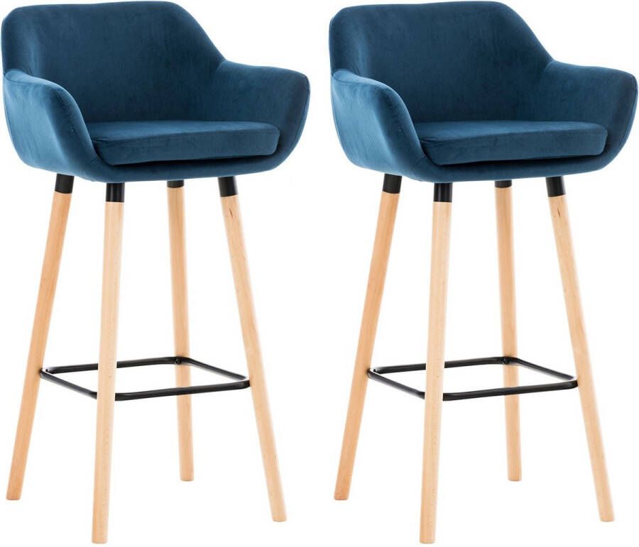 Inandoutdoormatch Luxe Barkruk Lea Blauw Fluweel Beukenhout Luxe Design Rugleuning Voor Keuken en Bar Gestoffeerde Zitting Set van 2 Vaderdag cadeau