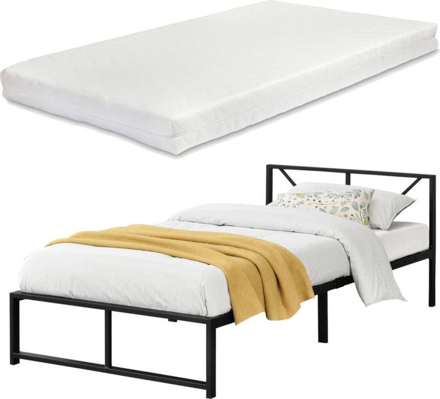 Unbranded Metalen Bed Berta Bedframe Met Matras Zwart 90x200 cm Minimalistisch Design