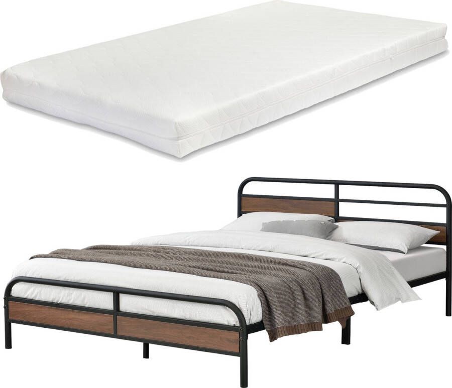 Inandoutdoormatch Metalen Bed Mayme Bedframe Met Matras Zwart Walnootkleurig 180x200 cm - Foto 2