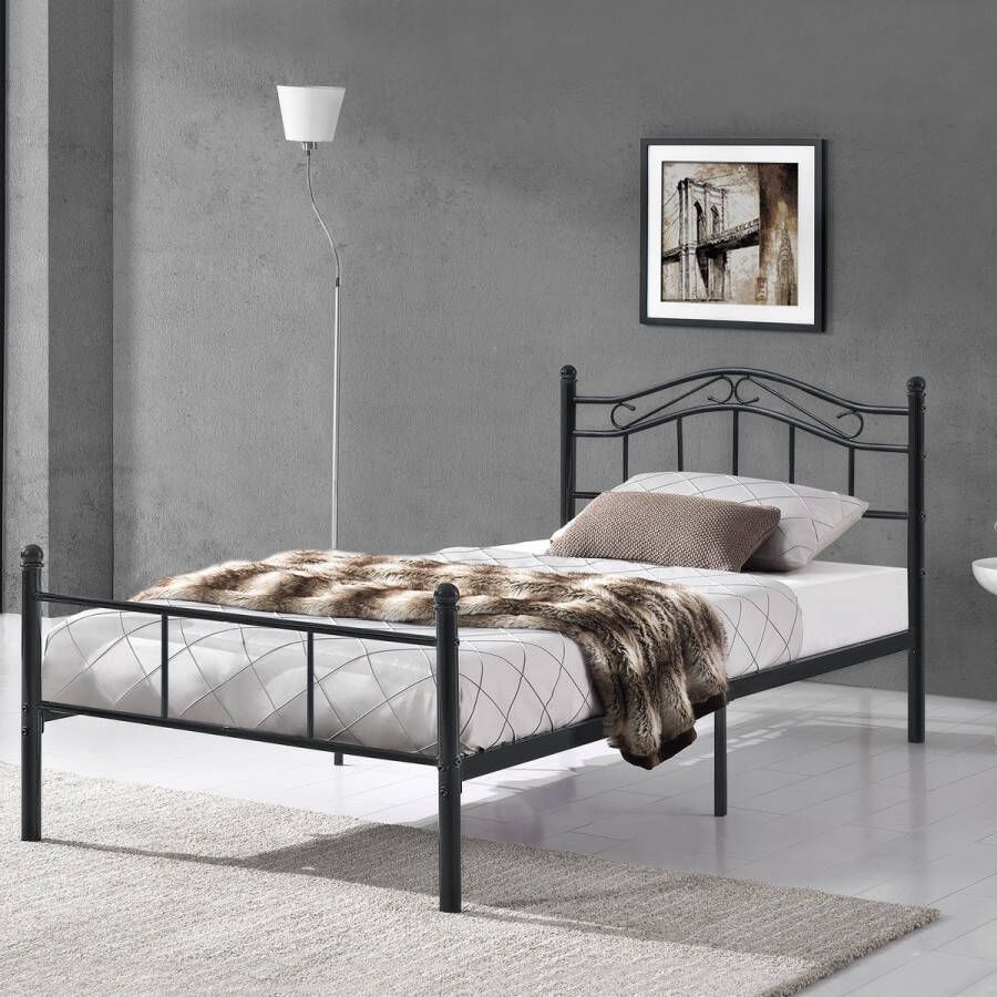 Unbranded Metalen bedframe Antonio incl. Bedbodem 90x200 cm Zwart Staal Stijlvol design