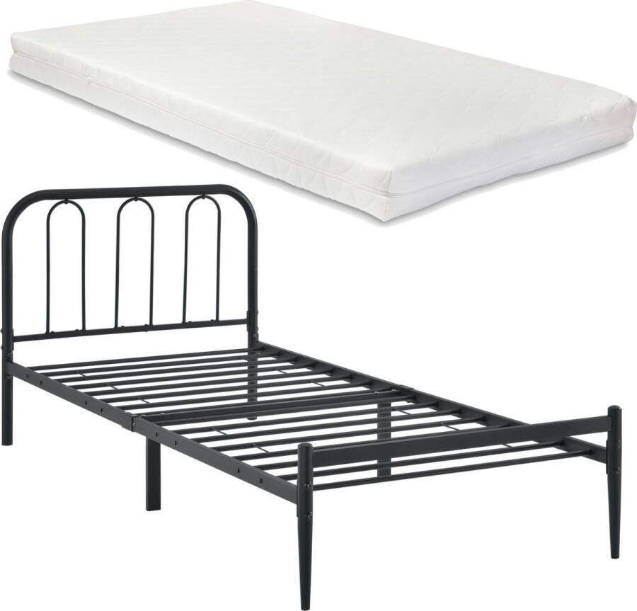 Unbranded Metalen Bedframe Cora Zwart Met matras 90x200 cm Staal en Koudschuim Modern Design