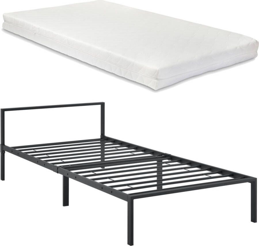 Unbranded Metalen Bedframe Reanna Zwart Met matras 90x200 cm Staal en Koudschuim Modern Design