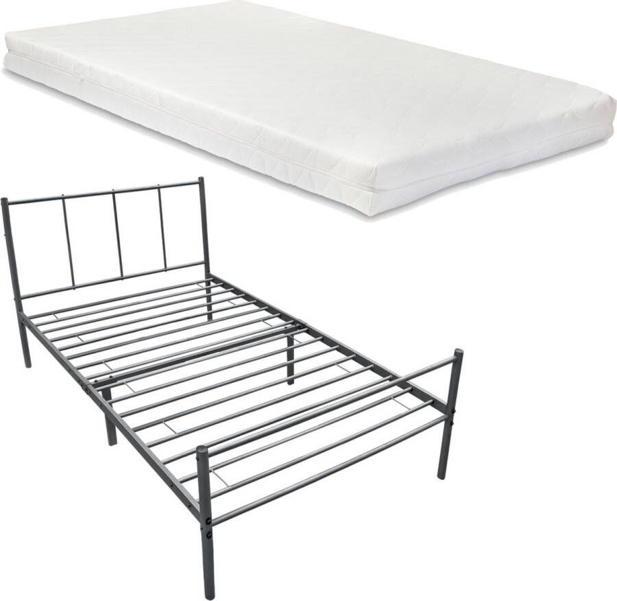 Unbranded Metalen Bedframe Wrenley Met Matras 90x200 cm Donkergrijs Modern Design