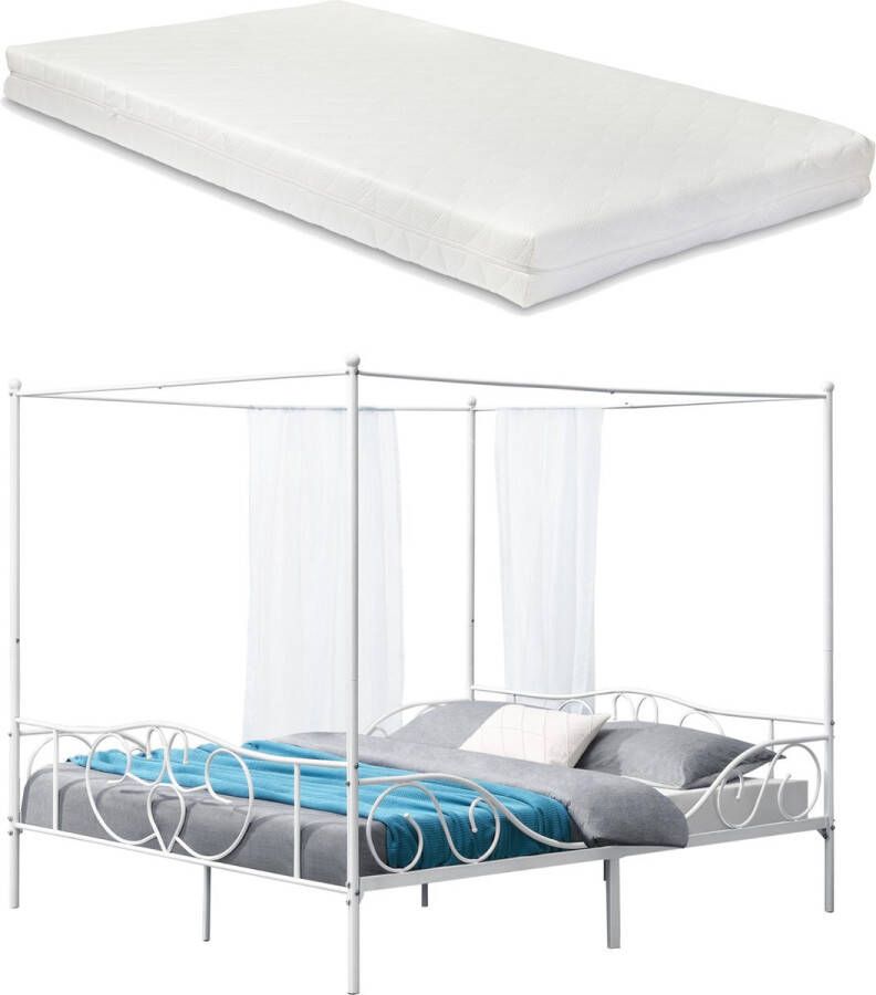 Unbranded Metalen hemelbed Gonzalo met bedbodem en matras 180x200 cm wit stabiel frame minimalistisch design