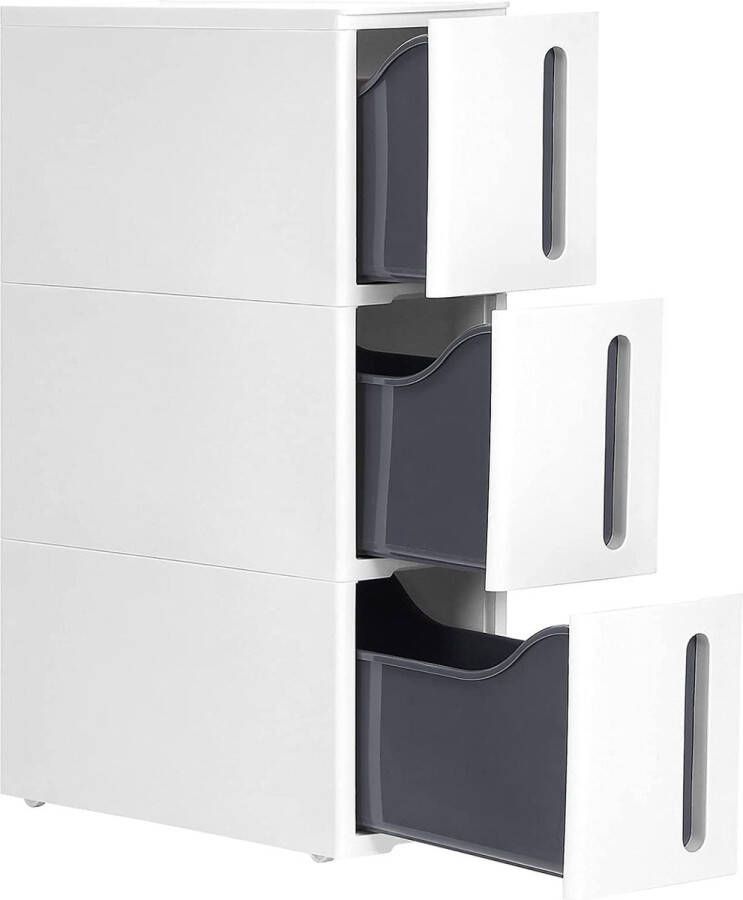 Unbranded naqsh store Nisplank met wielen trolley met 3 laden smal uittrekbaar verrijdbaar badkamerplank met wielen keukenkastje PP kunststof plaatsbesparend 45 x 17 x 63 cm wit-grijs KFR007G01