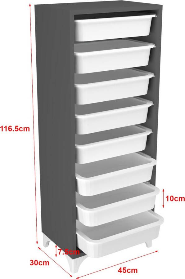 Unbranded Opbergkast Jantine Met 8 Manden 116 5x45x30 cm Antraciet en Wit Spaanplaat en Kunststof Opbergvakken