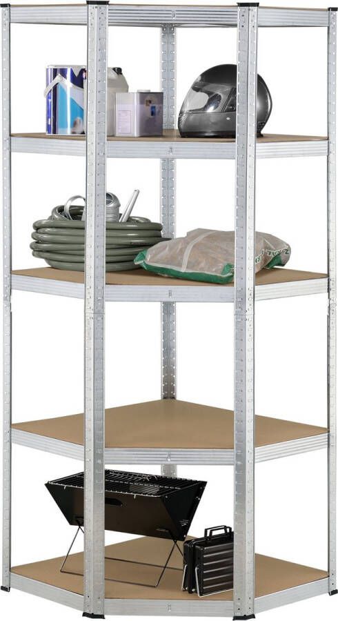 Unbranded Opbergrek Hoek Kasimira Set van 2 180x70x40-70 cm Max 175 kg plank Zilverkleurig en Houtkleurig Elk 5 Planken