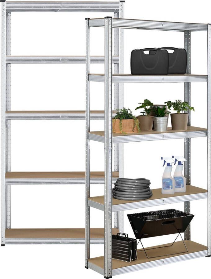 Unbranded Opbergrek Reign Set van 2 180x90x30 cm Max 175 kg plank Zilverkleurig en Houtkleurig Elk 5 Planken