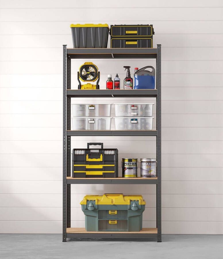 Inandoutdoormatch Opbergrekken Gerdina Heavy Duty Planken Set van 2- 180x90x40cm -Belastbaar tot 875 kg- Legborden Inhaakbare Planken Verstevigd Stalen Frame -5 Verstelbare Planken- Zwart Vaderdag cadeau