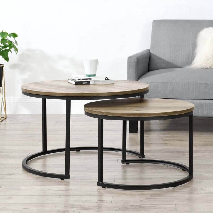 Unbranded Salontafel Glauco Rond Set van 2 Houtkleurig en Zwart Metaal en Spaanplaat Modern Design