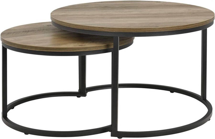 Unbranded Salontafel Glauco Rond Set van 2 Houtkleurig en Zwart Metaal en Spaanplaat Modern Design - Foto 2
