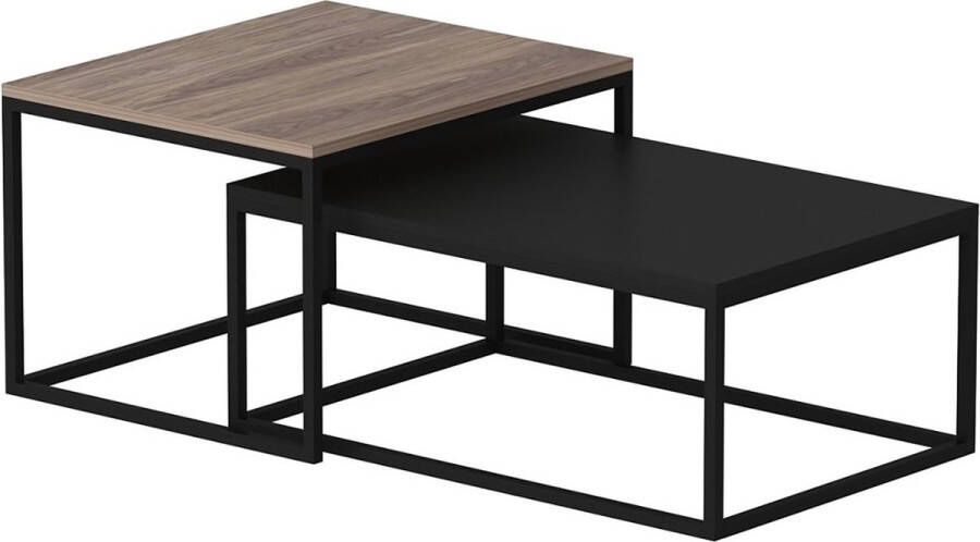 Unbranded Salontafel Haroldo Set van 2 Eiken en Zwart Spaanplaat en Metaal Stijlvol Design