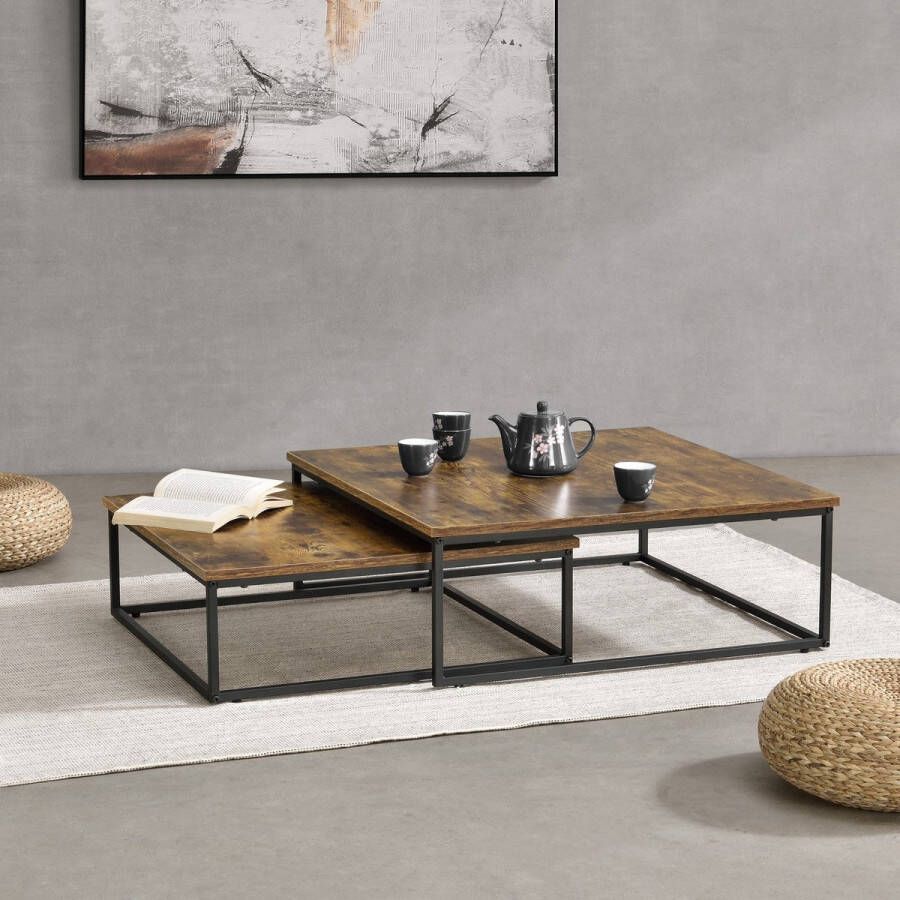 Unbranded Salontafel Irma Set van 2 Zwart en Houtkleurig Spaanplaat en Staal Modern design