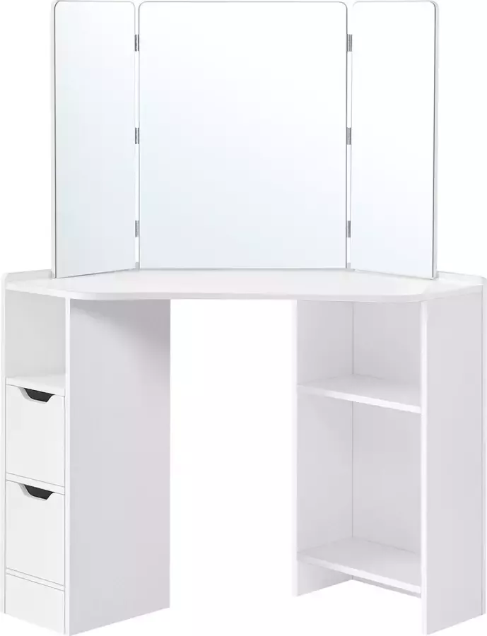 Unbranded Signature Home Clichy Kaptafel hoekkaptafel met spiegel kaptafel met 3-delige inklapbare spiegel 2 lades 3 open vakken 110 x 54 x 140 cm modern wit