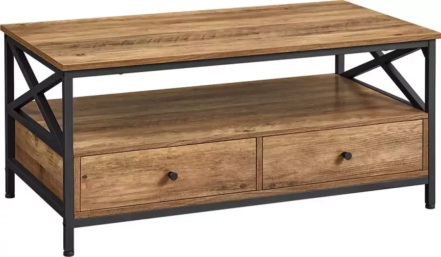 Unbranded Signature Home Fiji Salontafel woonkamertafel banktafel voor woonkamer Salontafel met lades X-Struts open vak industrieel walnootbruin zwart 100 x 55 x 45 cm