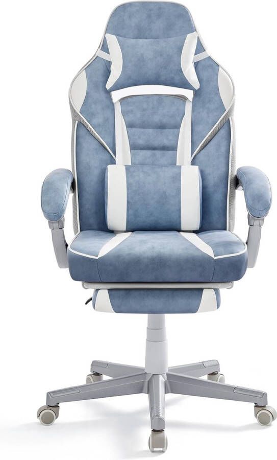 Unbranded Signature Home Gamestoel met voetsteun ergonomisch bureaustoel uitschuifbare voetensteun bureaustoel hoofdkussen lendenkussen- in hoogte verstelbaar kantelbare rugleuning tot 150 kg belastbaar -zeeblauw-crèmewit