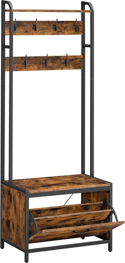 Unbranded Signature Home Glasglow Kapstok met schoenenkast garderobe met zitbank kledingstandaard schoenenkast 7 haken bovenste plank industrieel design vintage bruin-zwart - Foto 2