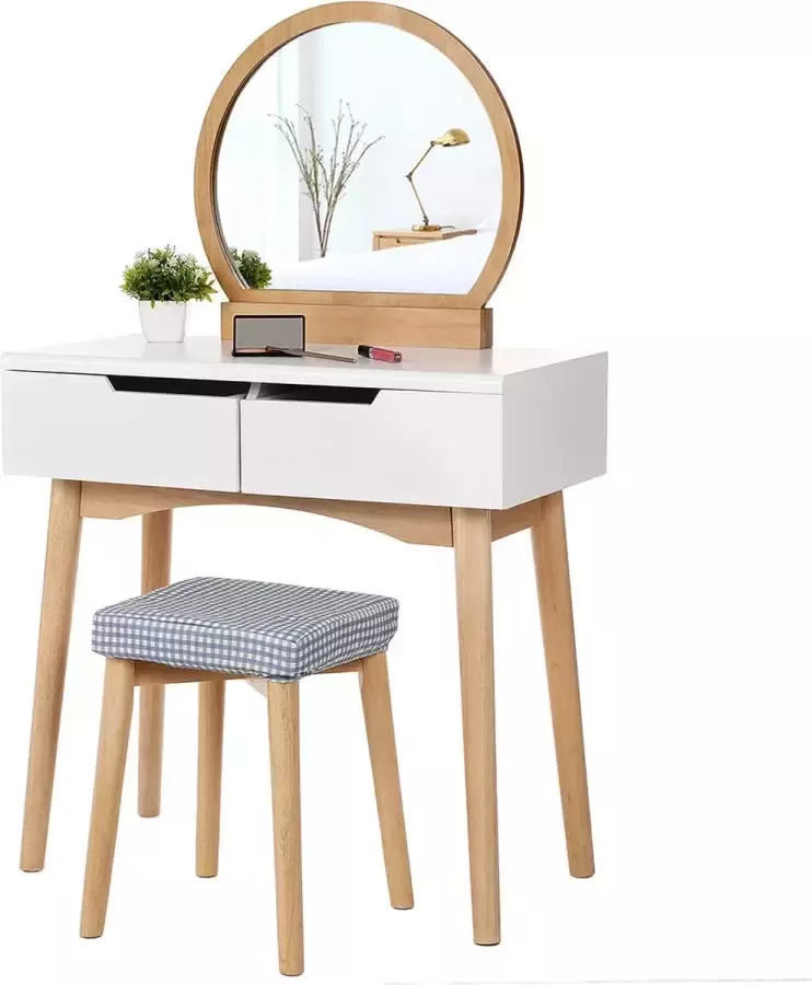 Unbranded Signature Home Granville Kaptafel moderne kaptafel 2 grote lades met rails met ovale spiegel Eenvoudige kaptafel hoes wasbare kruk wit en naturel