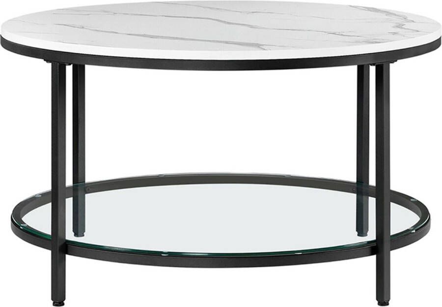 Unbranded Signature Home Istanbul Salontafel Rond Salontafel banktafel woonkamertafel met glasplaat veel opbergruimte witte marmerlook Zwart frame