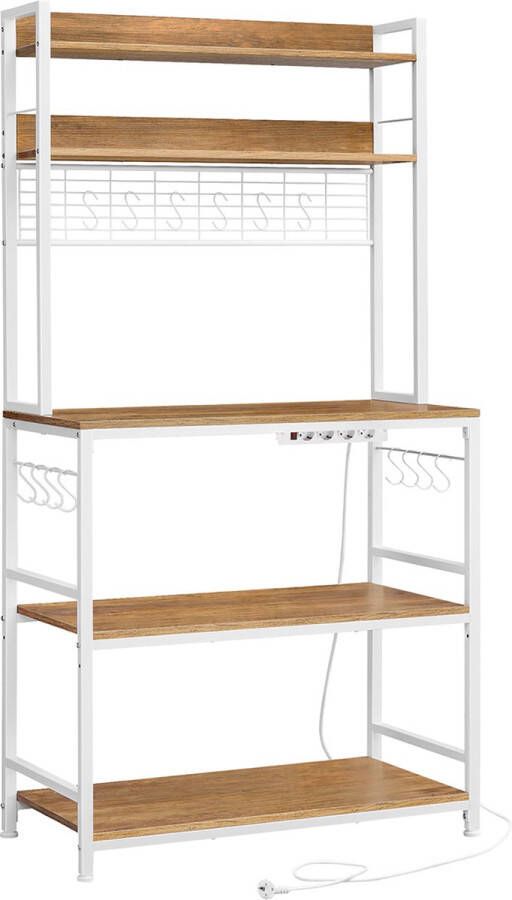 Unbranded Signature Home Kitchenqueen Keukenrek Keukenkast staand rek met stopcontacten magnetronrek met roosterplaat 14 haken licht walnoot bruin-wit 40 x 80 x 170 cm