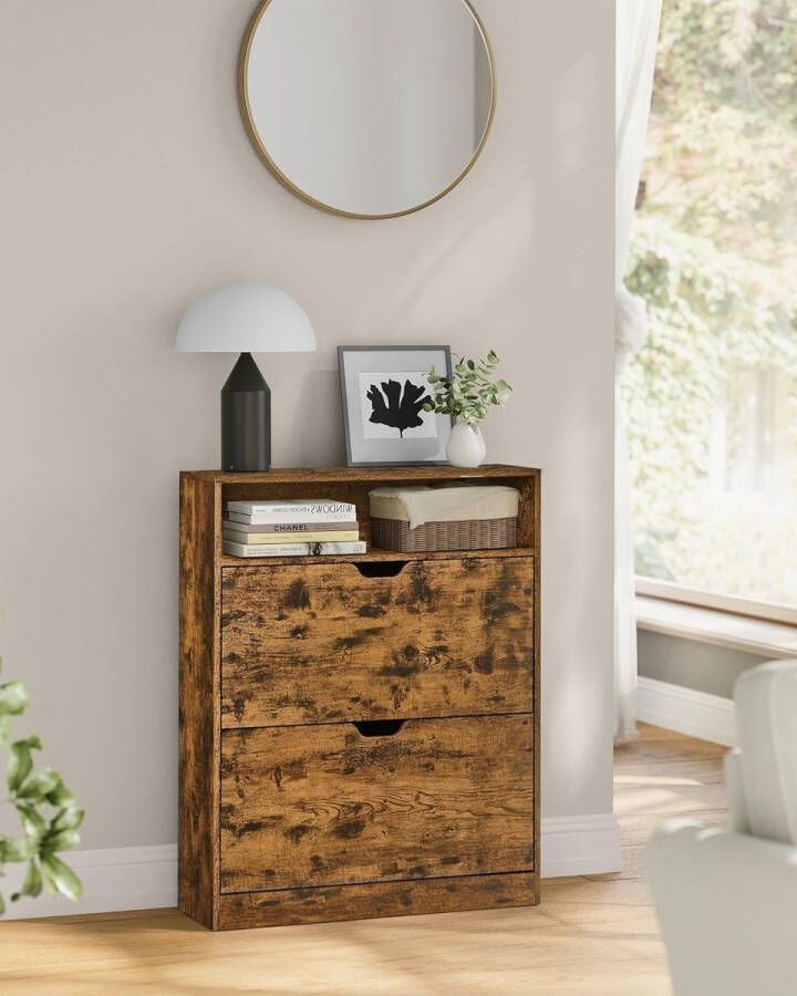 Unbranded Signature Home klapdeuren Schoenenkast 3 lagen schoenenrek met 1 open vak verstelbare Schoenenkast voor 11-16 paar schoenen rustiek 24 x 80 x 102 cm