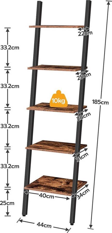 Unbranded Signature Home Lagos Ladder Boekenkast Ladderrek Industriële 5 Tier Staande Plank Stevige Muur Leunende Rek Plantenrek Metalen Frame Bruin Zwart 44 x 34 x 185 cm