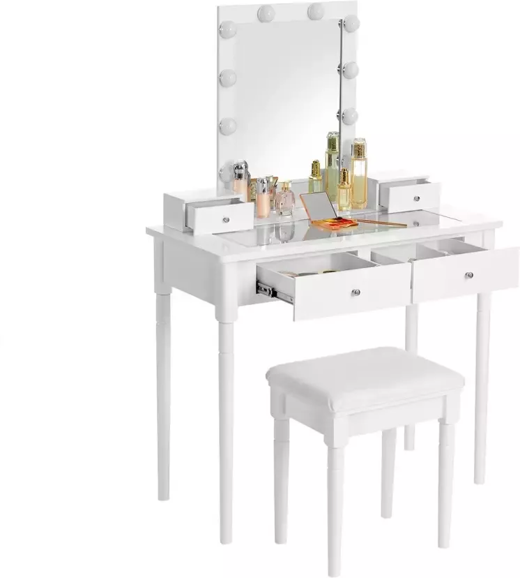 Unbranded Signature Home Lisieux Kaptafel set gecapitonneerde kruk en 10 dimbare lampen 2 grote en 2 kleine lades tafelblad van helder gehard glas cadeau-idee wit