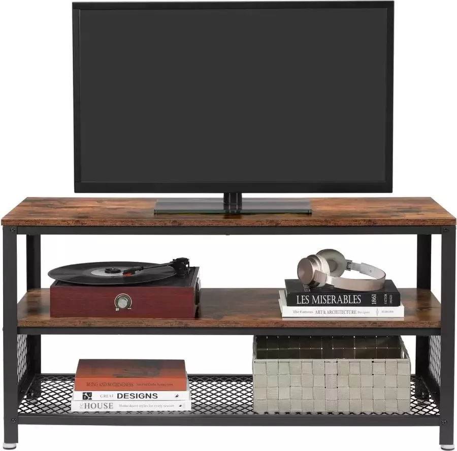 Unbranded Signature Home Lorraine Tv-meubel met 3 niveaus tv standaard voor tv's tot 43 inch Industrieel Design tv kast console lowboard woonkamertafel met metalen frame houtnerf woonkamer vintage donkerbruin