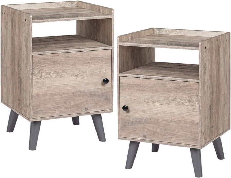 Unbranded Signature Home Patras Nachtkastje set van 2 bijzettafel met 3-laags en schakelbare deur Nachtkastje set van 2 voor kleine ruimtes stabiele houten poten houtlook accenttafel eenvoudige montage Grijs