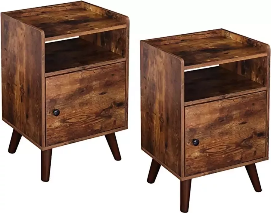 Unbranded Signature Home Saga Bijzettafels set van 2 3-laags bijzettafel met schakelbare deur Nachtkastje set van 2 voor kleine ruimtes stabiele houten poten houtlook accenttafel eenvoudige montage rustiek bruin