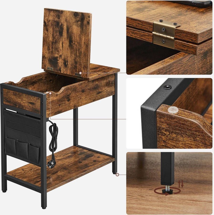 Unbranded Signature Home Soissons Bijzettafel met stopcontacten bijzettafel klaptafel nachtkastje met stopcontacten opklapbaar tafelblad met plank en stoffen tas voor woonkamer slaapkamer vintage bruin zwart