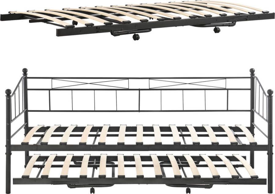 Unbranded Slaapbank Tomasa Met onderschuifbed en matrassen Zwart Staal Vintage Design